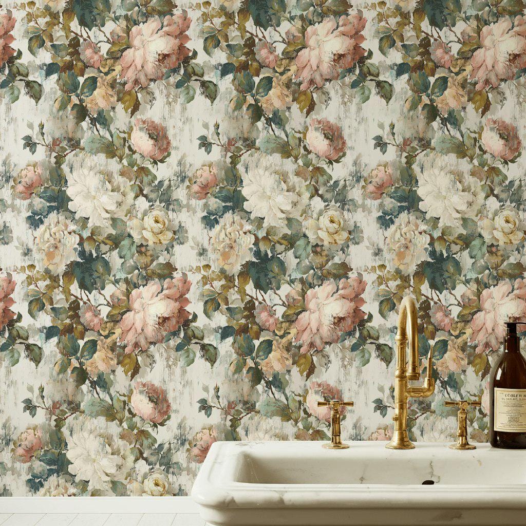 Vintage Floral Rose Wallpaper: Shabby Chic Peel and Stick Wall Mural