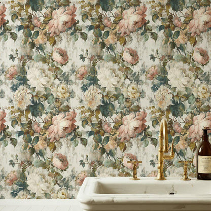 Vintage Floral Rose Wallpaper: Shabby Chic Peel and Stick Wall Mural