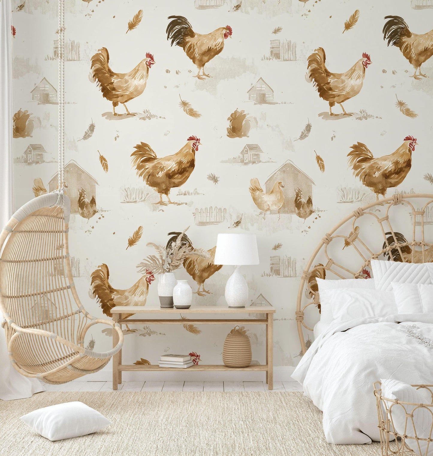 Farmhouse Rooster Chicken Wallpaper | Rustic Country Wall Mural | Watercolor Peel and Stick Decor