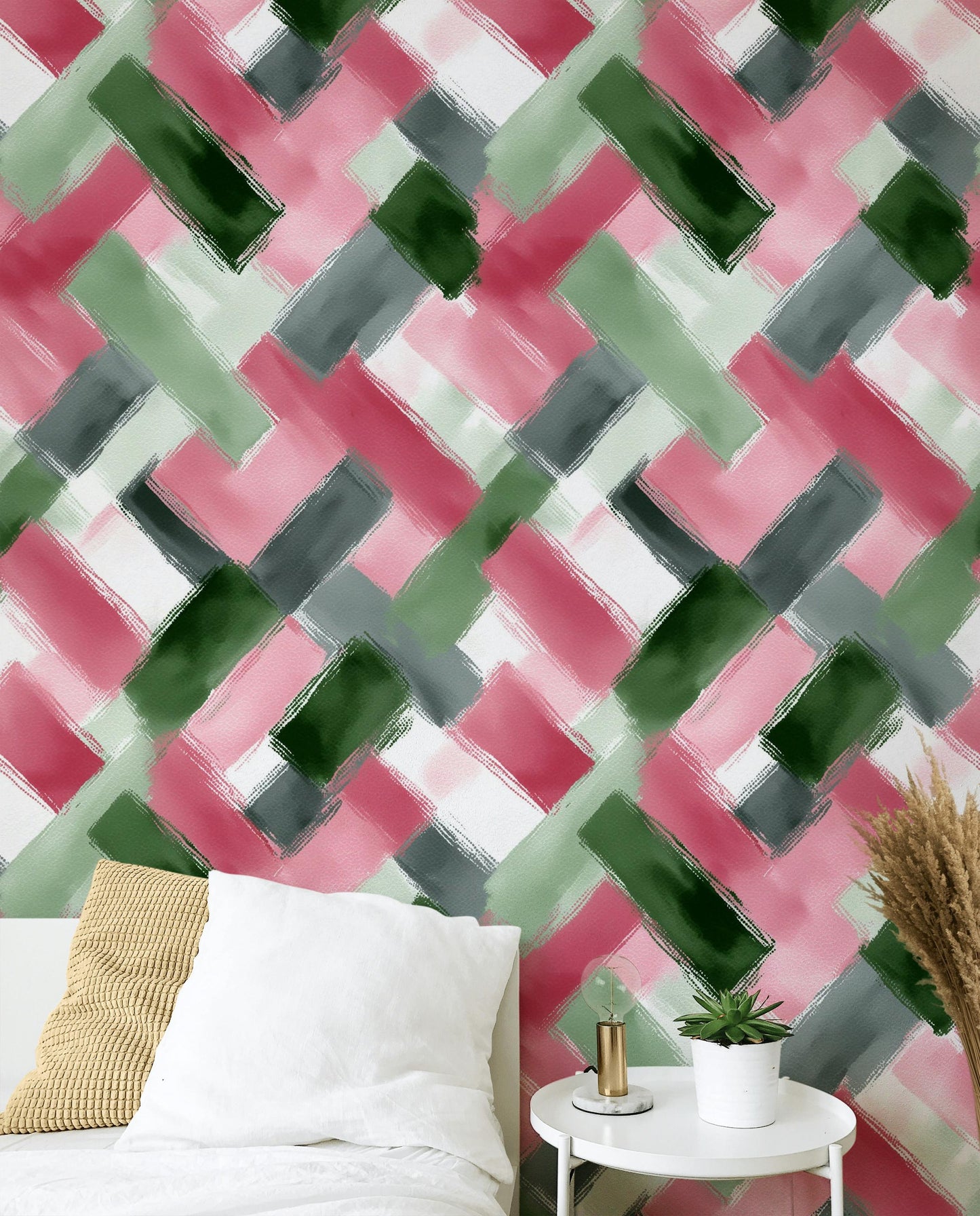 Abstract Brushstroke Wallpaper | Modern Pink Green Wall Mural | Geometric Pattern Peel and Stick Decor