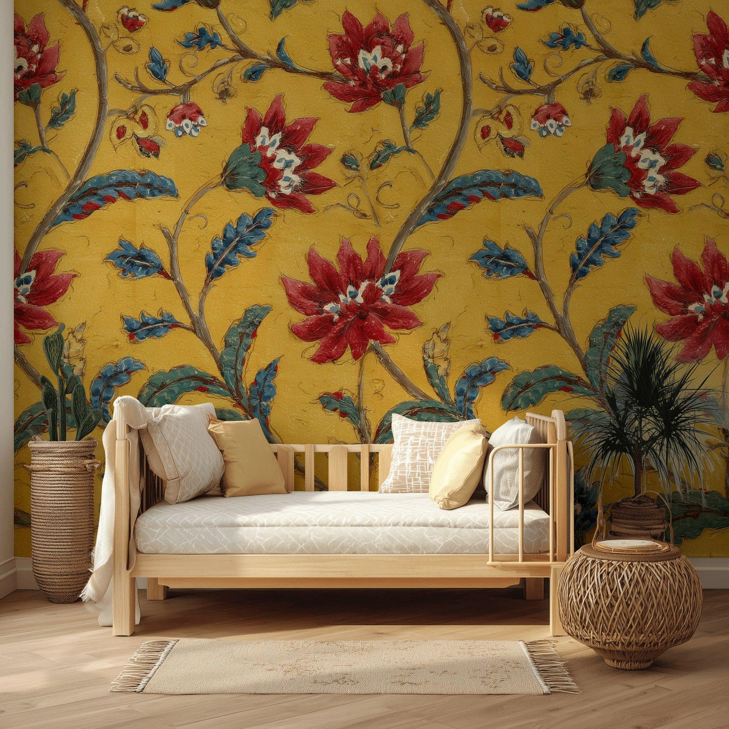 Vintage Floral Wallpaper Mural: Yellow, Red & Blue Botanical Peel and Stick