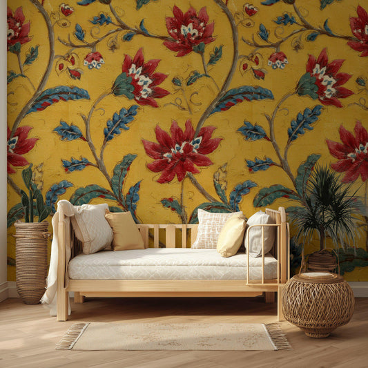 Vintage Floral Wallpaper Mural: Yellow, Red & Blue Botanical Peel and Stick