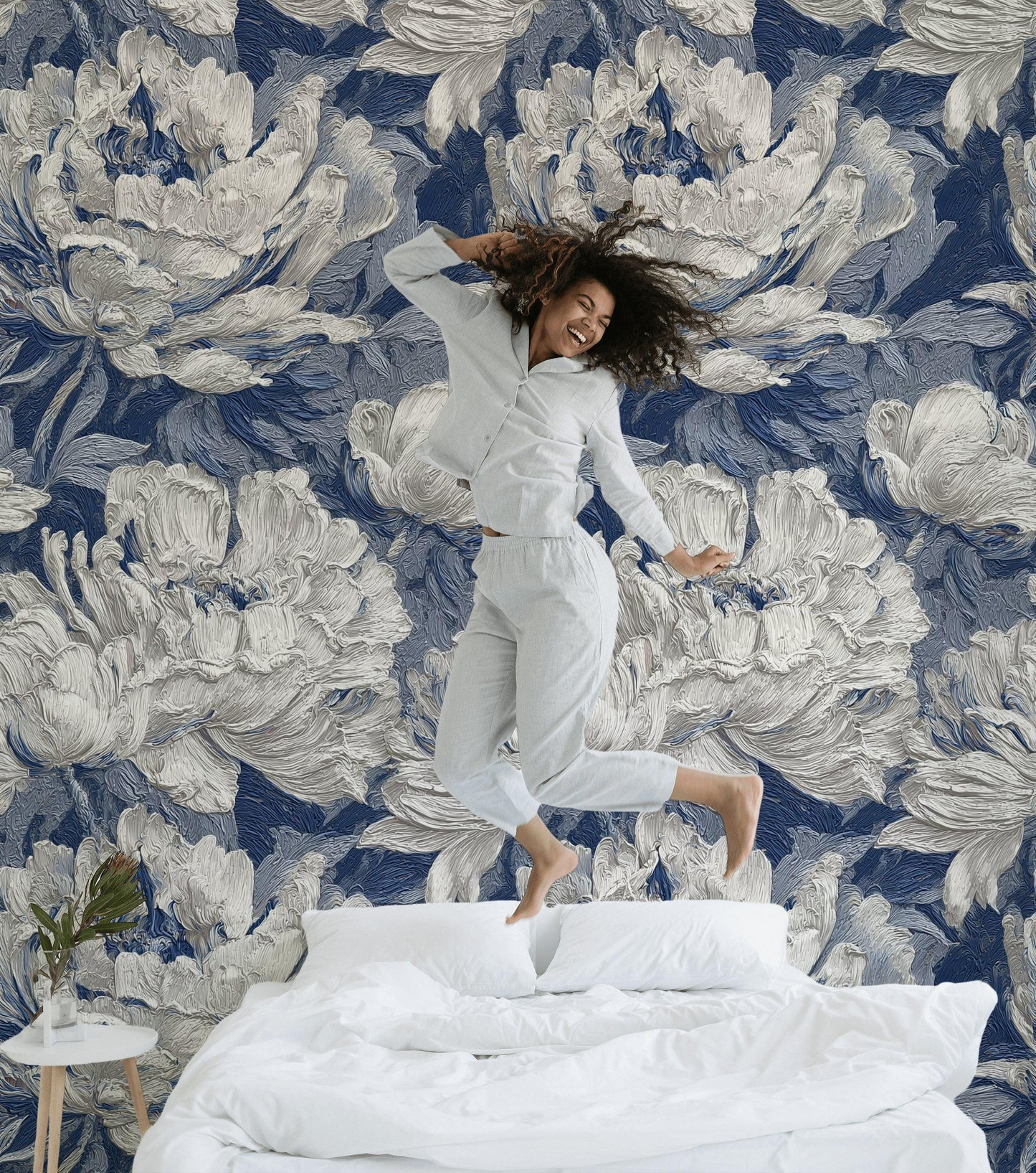 Textured Blue Floral Wallpaper: Modern Impasto Peel and Stick Wall Mural