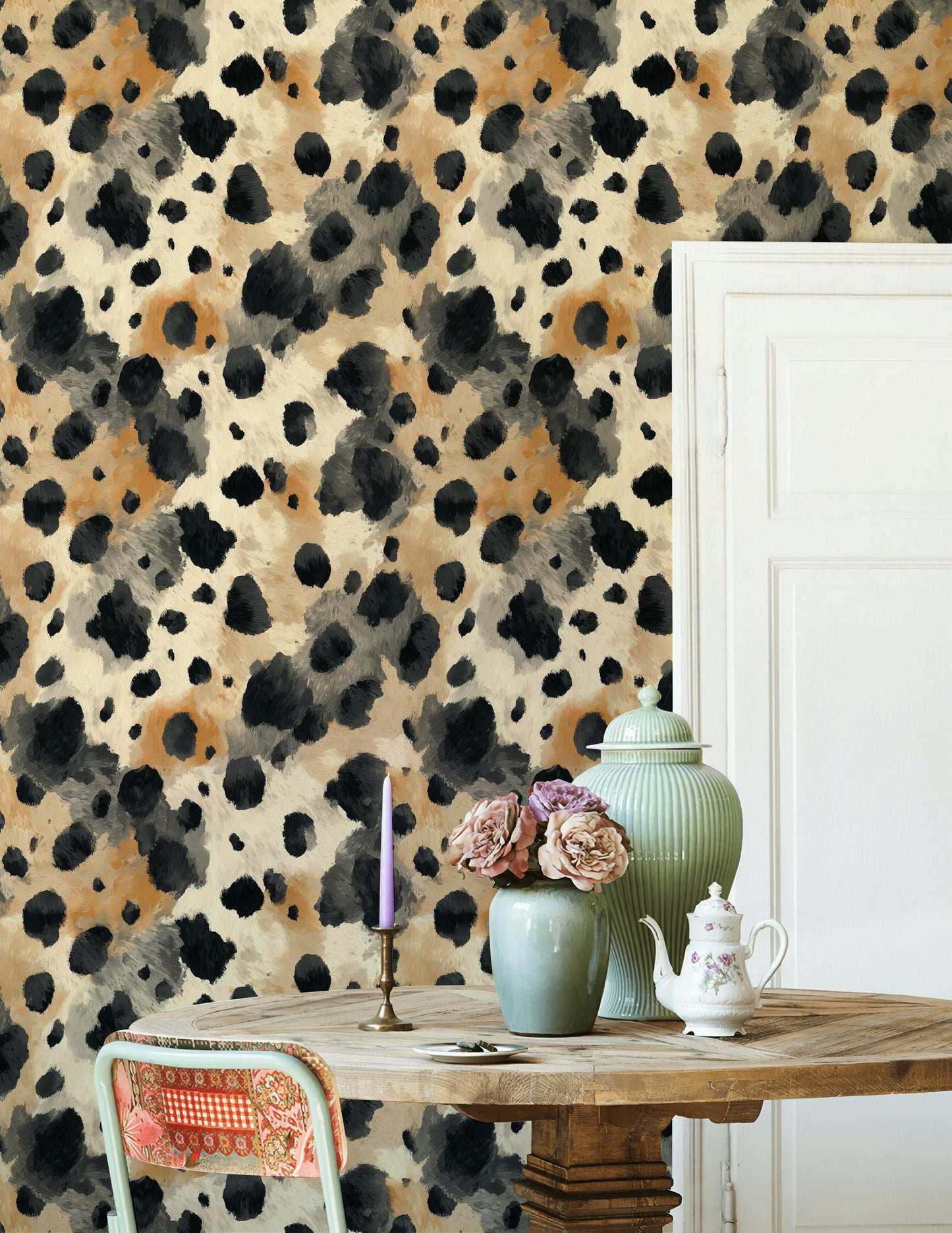 Cowhide Print Wallpaper: Black, Beige, and Tan - Peel & Stick