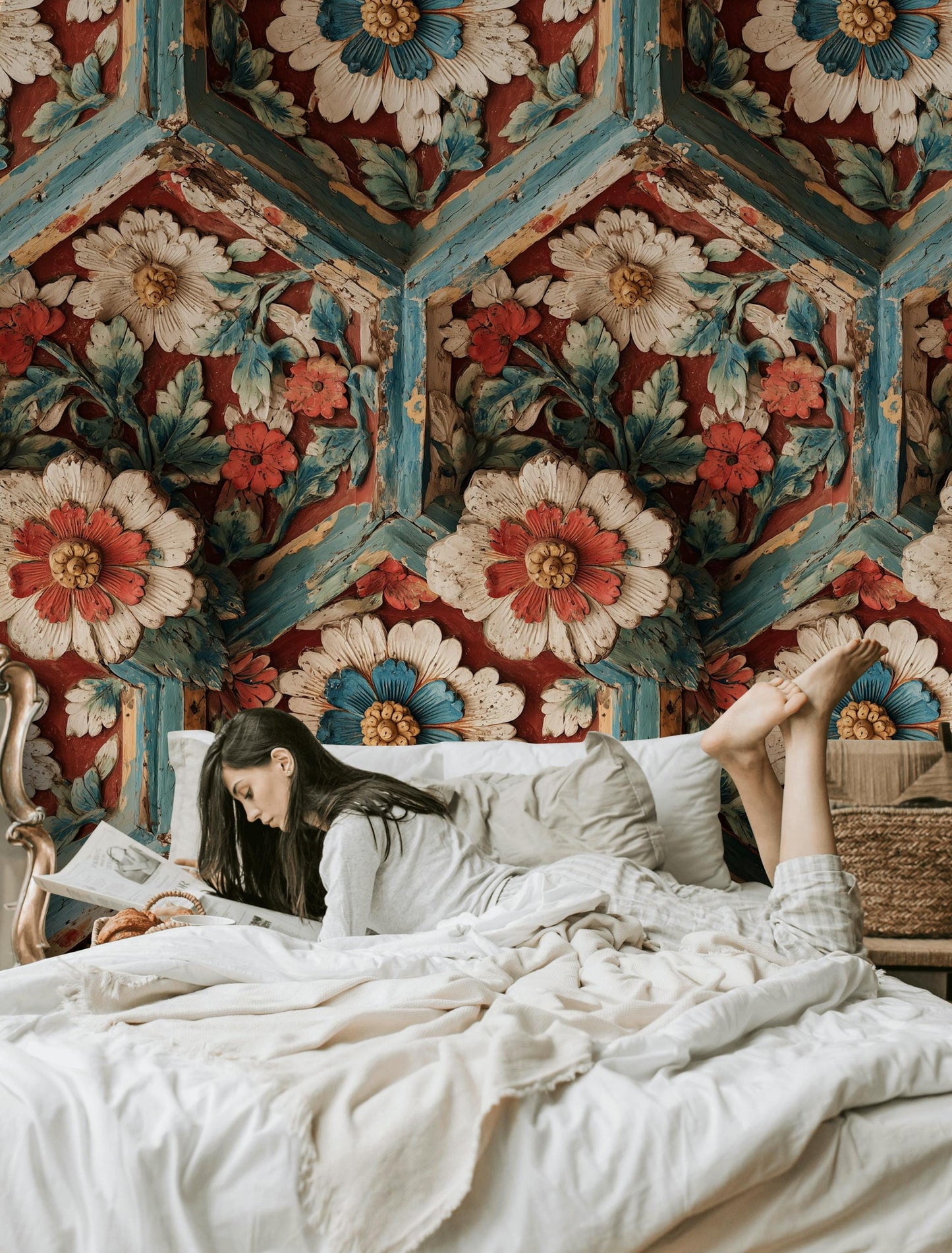 Faux Carved Wood Wallpaper: 3D Floral Peel and Stick Wall Mural