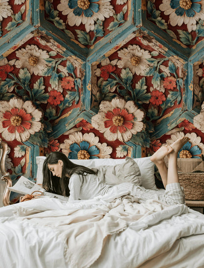 Faux Carved Wood Wallpaper: 3D Floral Peel and Stick Wall Mural