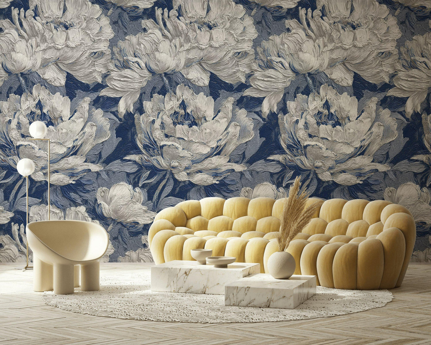 Textured Blue Floral Wallpaper: Modern Impasto Peel and Stick Wall Mural