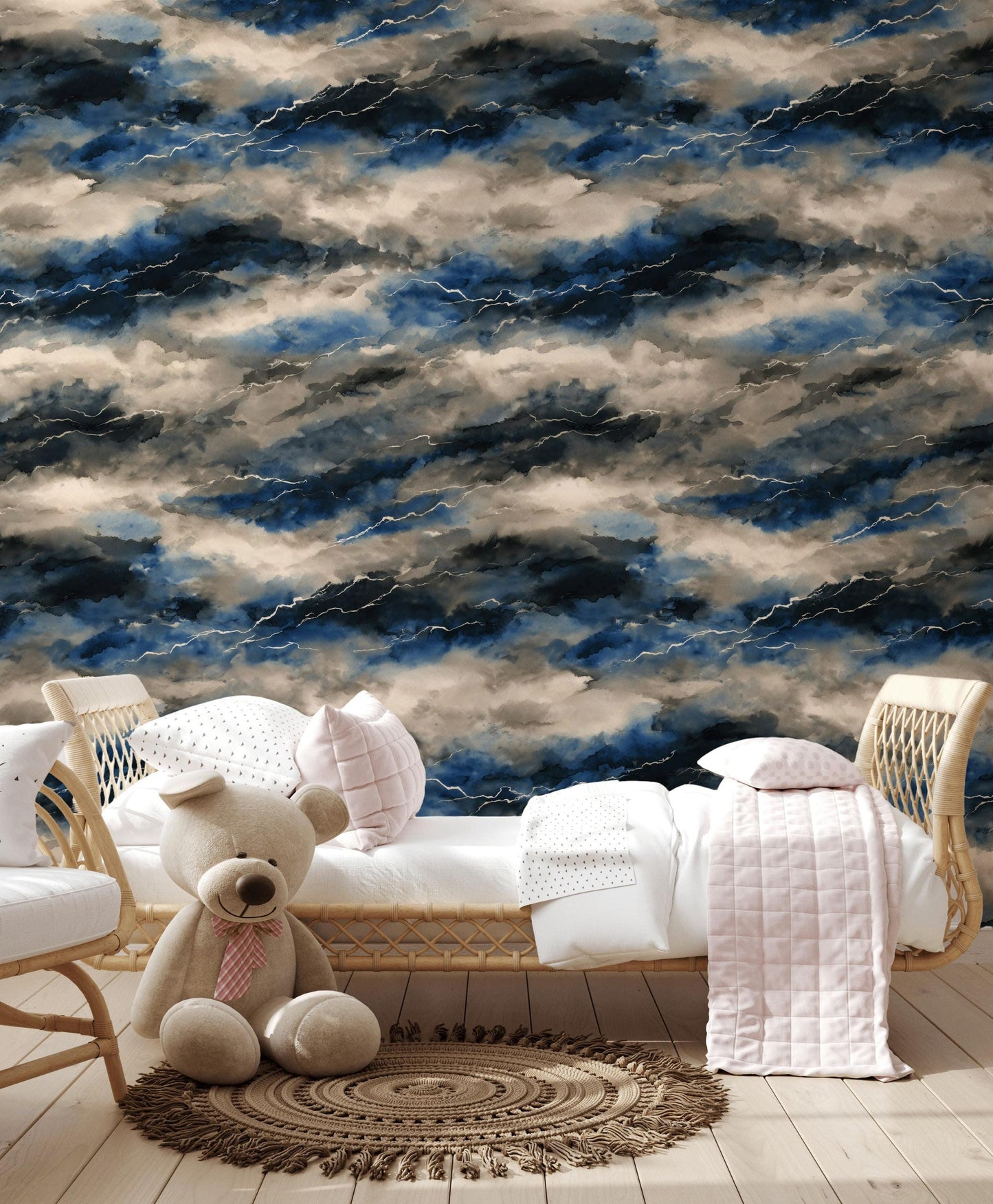 Abstract Stormy Sky Wallpaper: Modern Blue Gray Peel and Stick Wall Mural