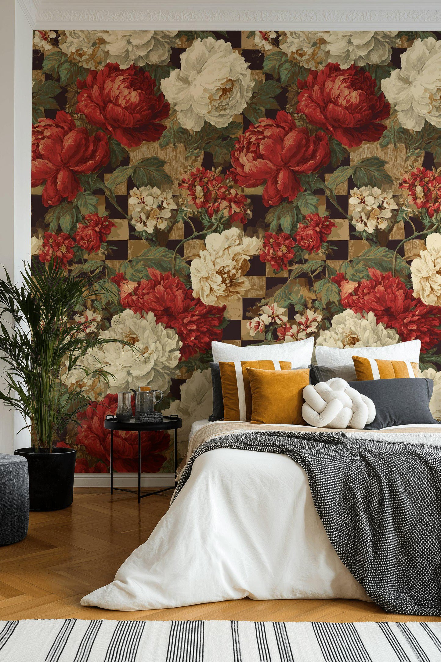 Dark Academia Floral Wallpaper: Vintage Checkered Peel and Stick Mural