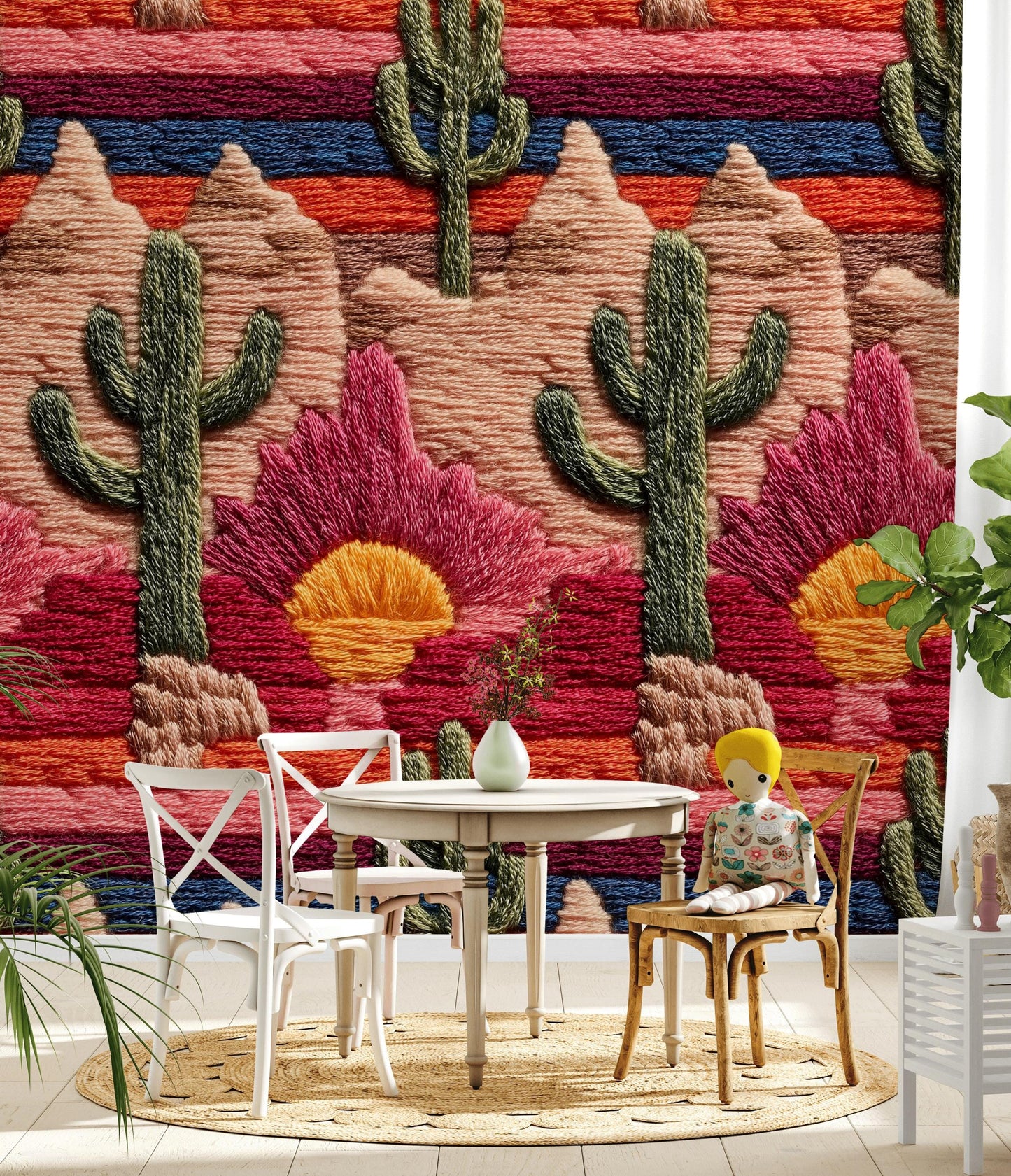 Embroidered Desert Landscape Wallpaper | Southwestern Wall Mural | Boho Peel and Stick Decor