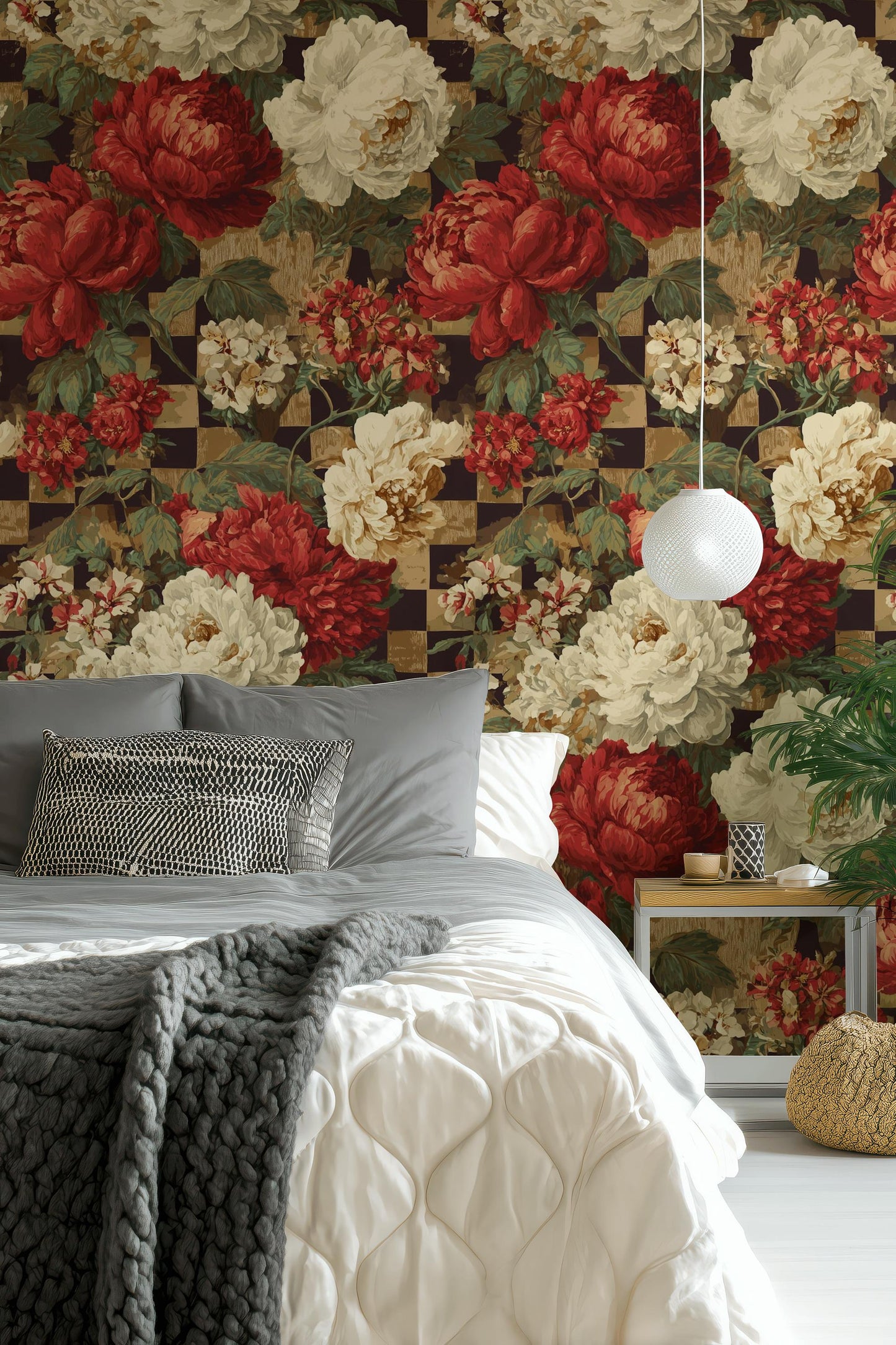 Dark Academia Floral Wallpaper: Vintage Checkered Peel and Stick Mural