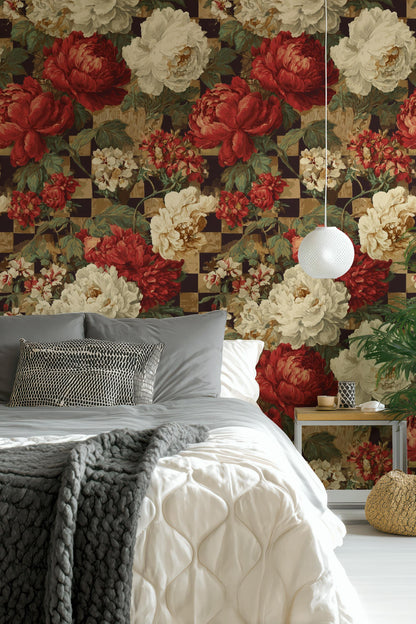 Dark Academia Floral Wallpaper: Vintage Checkered Peel and Stick Mural
