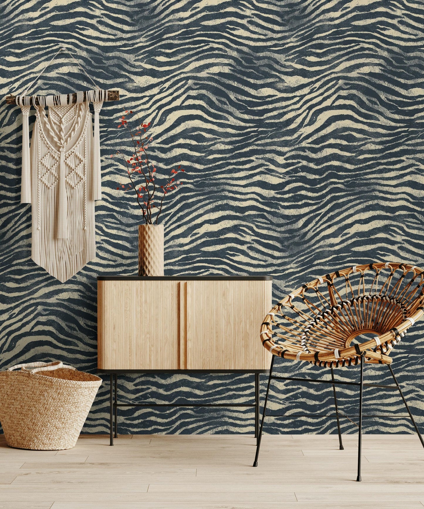 Navy Blue Zebra Print Wallpaper: Textured Peel and Stick Wall Mural
