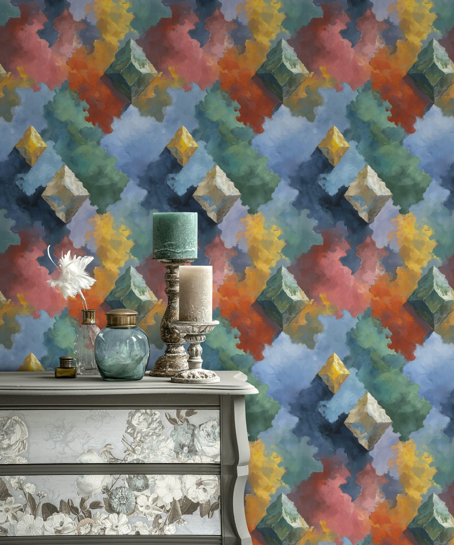 Geometric Cloud Wall Mural: Abstract Peel and Stick Wallpaper