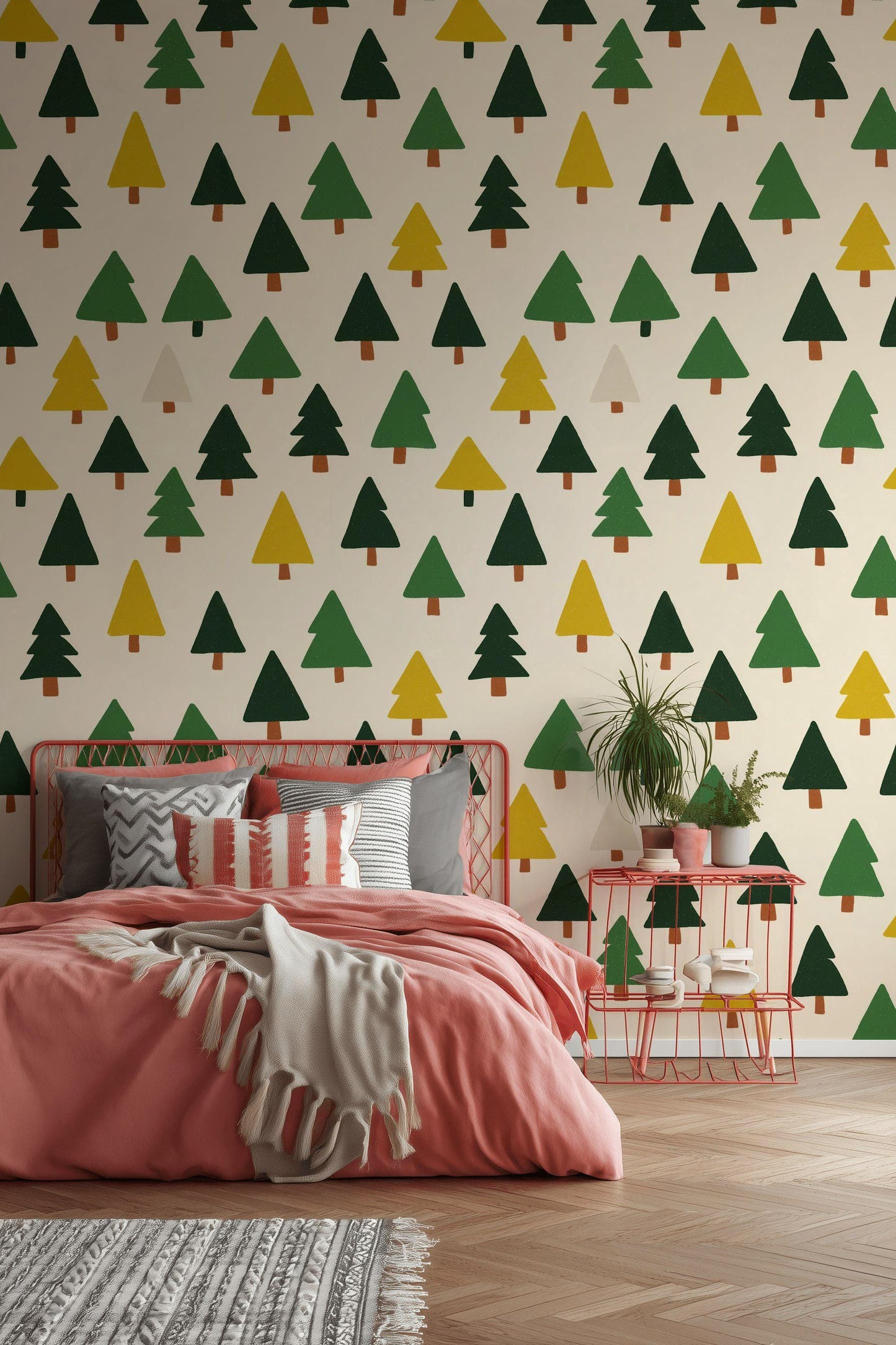 Scandi Pine Tree Wallpaper: Neutral Nursery Peel and Stick Mural
