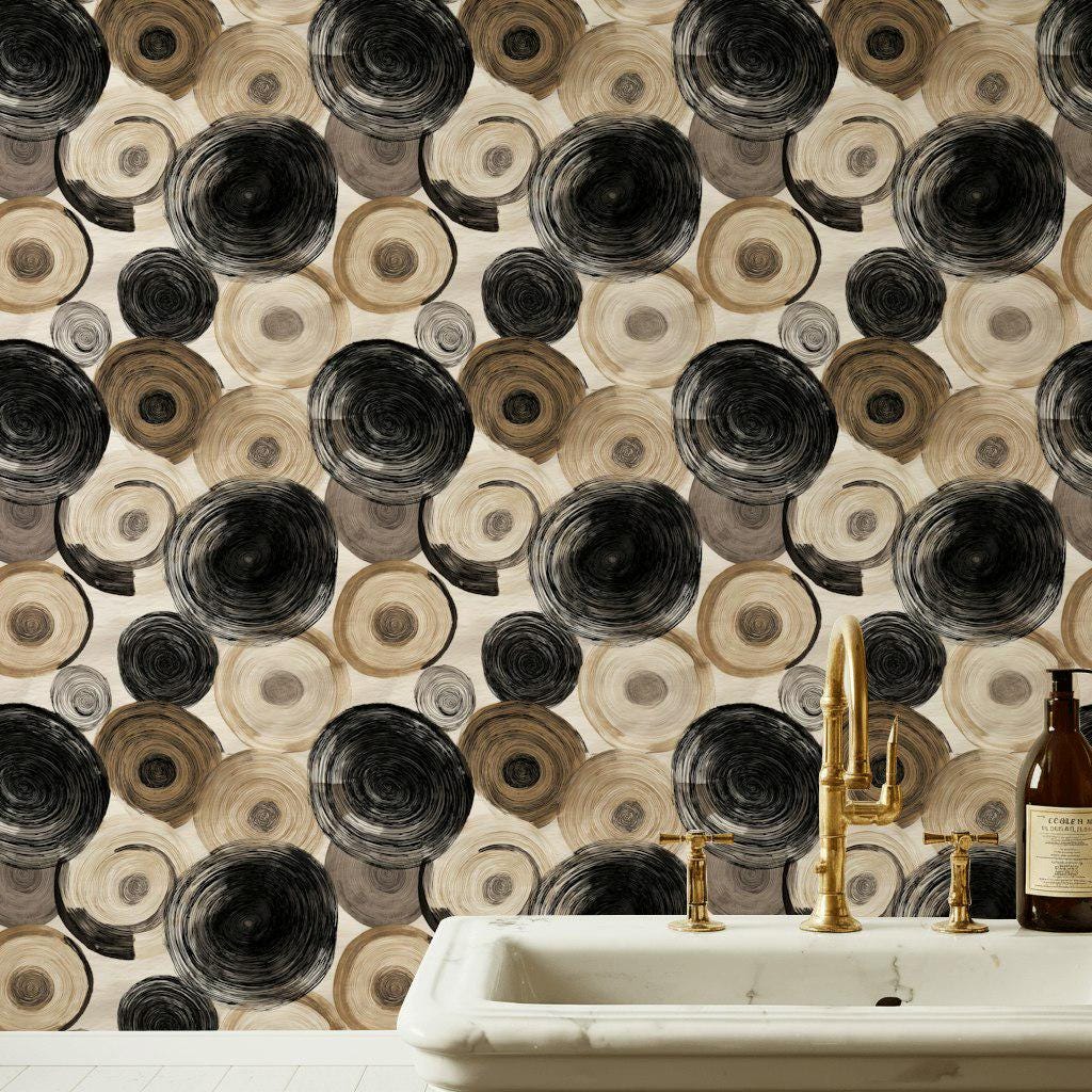 Abstract Swirl Wallpaper Mural: Black Espresso Circles, Hand-Painted Art (Peel & Stick or Unpasted)