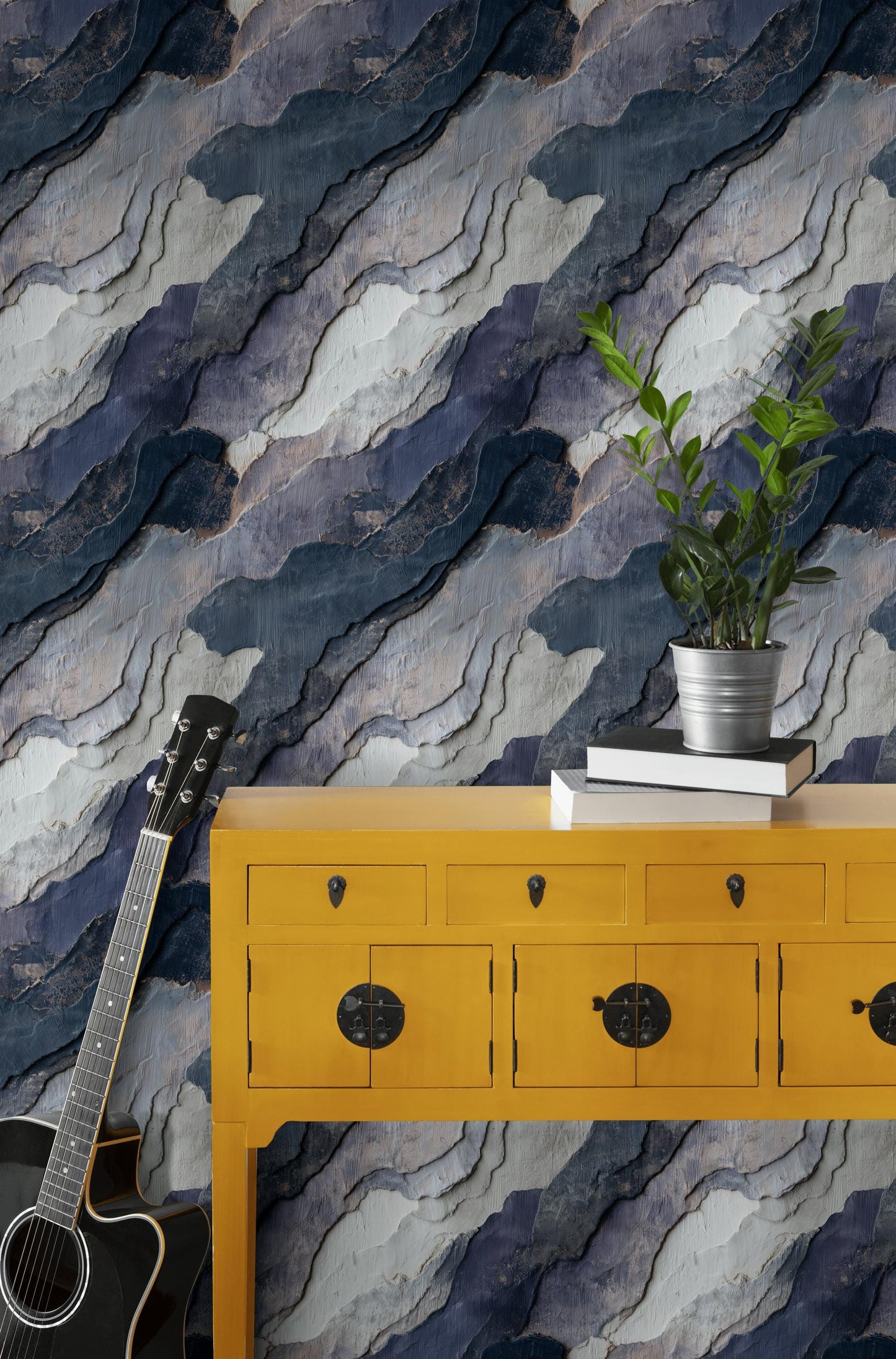 Navy Blue Stone Texture Wallpaper: Layered Abstract Peel and Stick Wall Mural