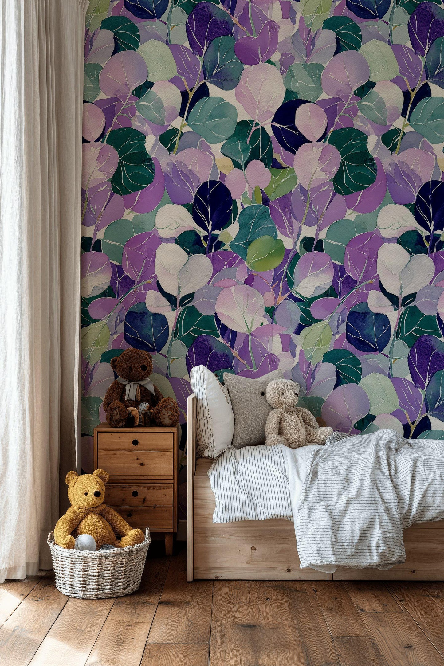 Watercolor Leaf Peel and Stick Wallpaper: Purple Green Botanical Wall Mural