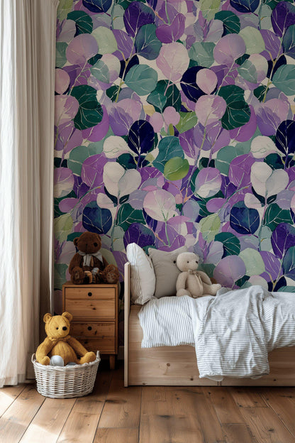 Watercolor Leaf Peel and Stick Wallpaper: Purple Green Botanical Wall Mural