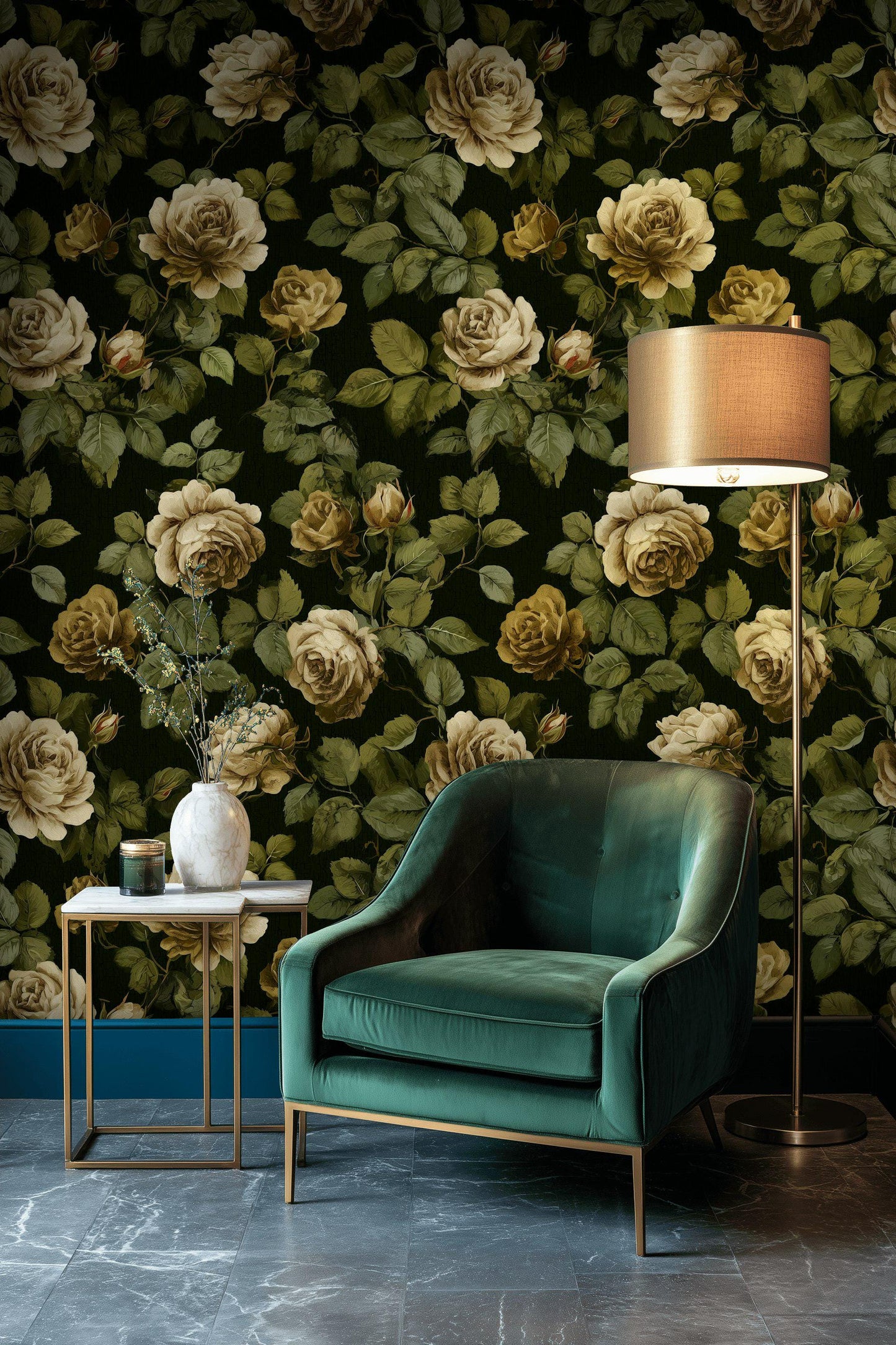 Dark Floral Wallpaper Mural: Vintage Roses, Peel and Stick