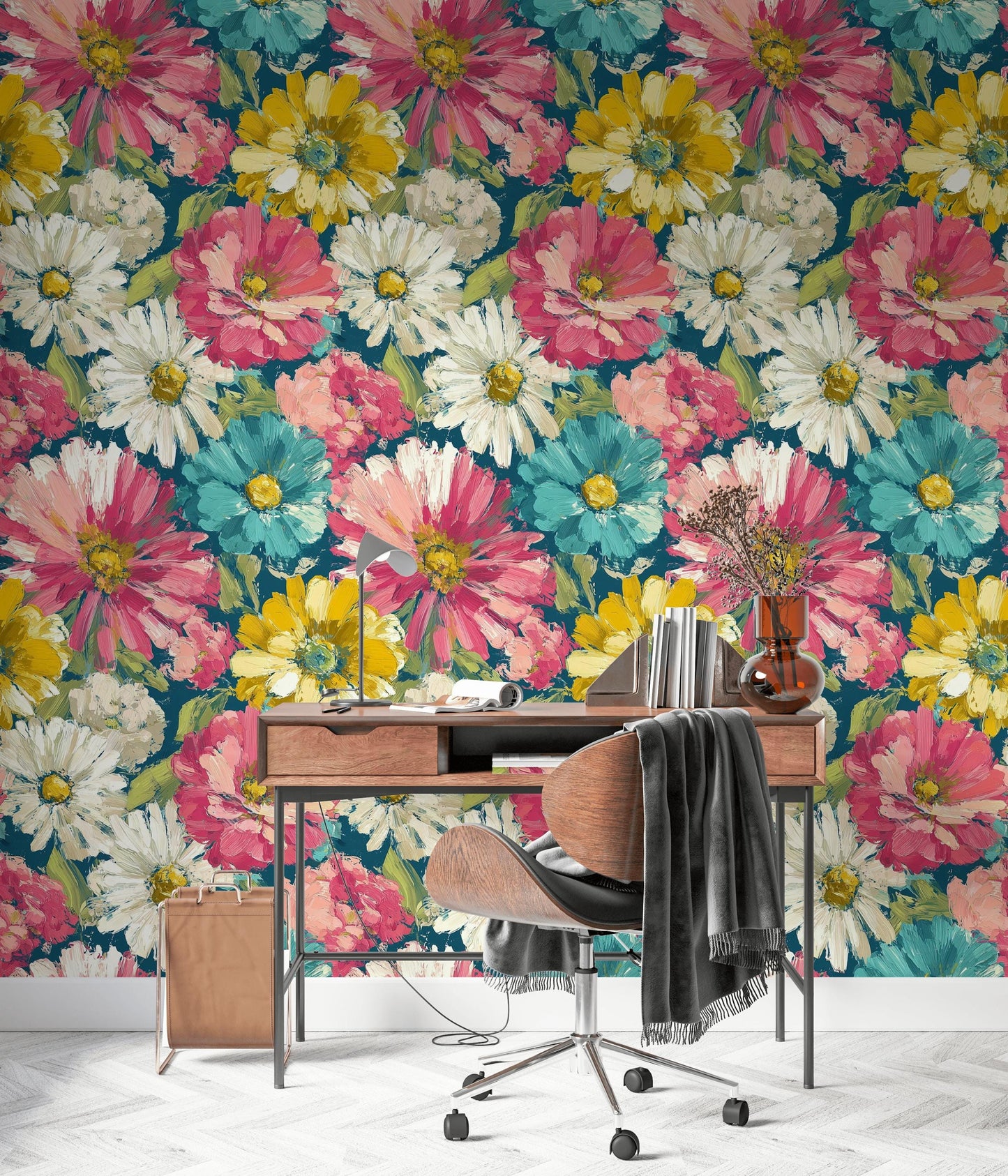 Teal & Pink Floral Wallpaper Mural: Impasto Texture, Peel and Stick