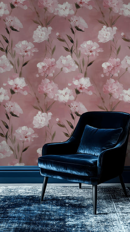 Romantic Pink Floral Wallpaper | Soft Textured Flower Wall Mural | Blush Peel and Stick Decor