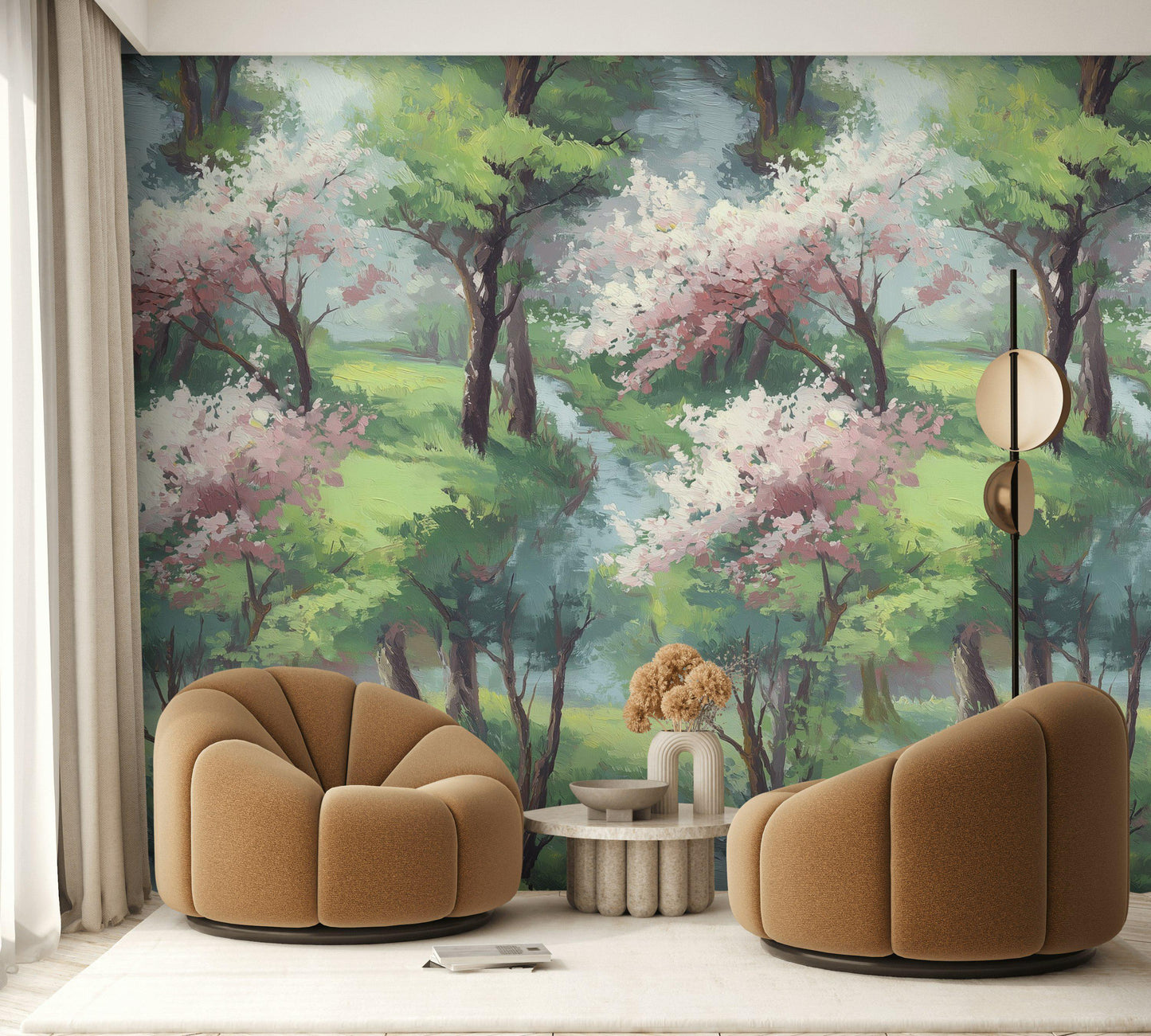 Watercolor Spring Forest Wallpaper: Peel and Stick Green Landscape Wall Mural