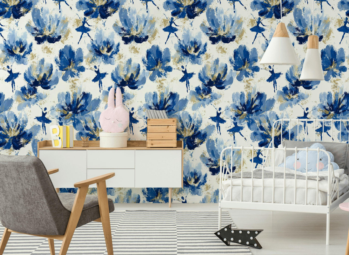 Blue Ballerina Wallpaper, Gold Accented Abstract Floral Mural, Peel & Stick or Unpasted Vertical Panel