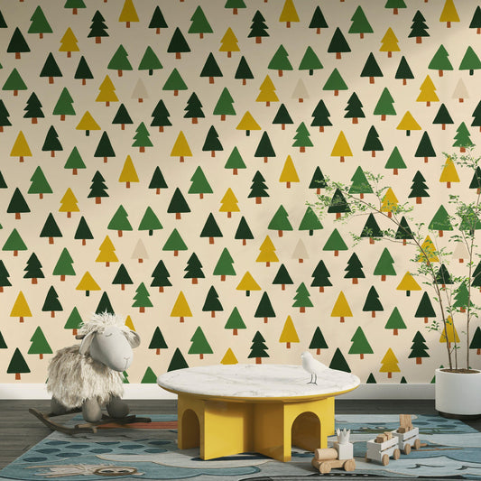 Scandi Pine Tree Wallpaper: Neutral Nursery Peel and Stick Mural
