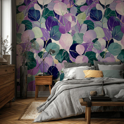 Watercolor Leaf Peel and Stick Wallpaper: Purple Green Botanical Wall Mural