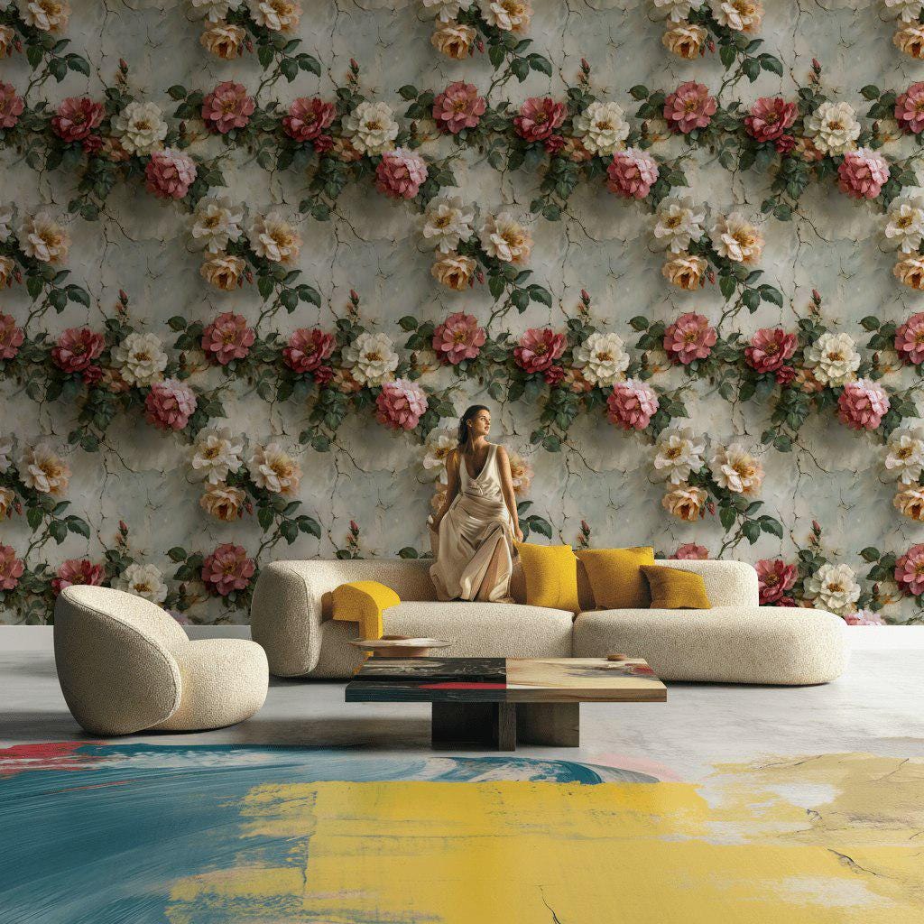 Rose Mural Wallpaper: Shabby Chic Crackle Effect (Peel & Stick)