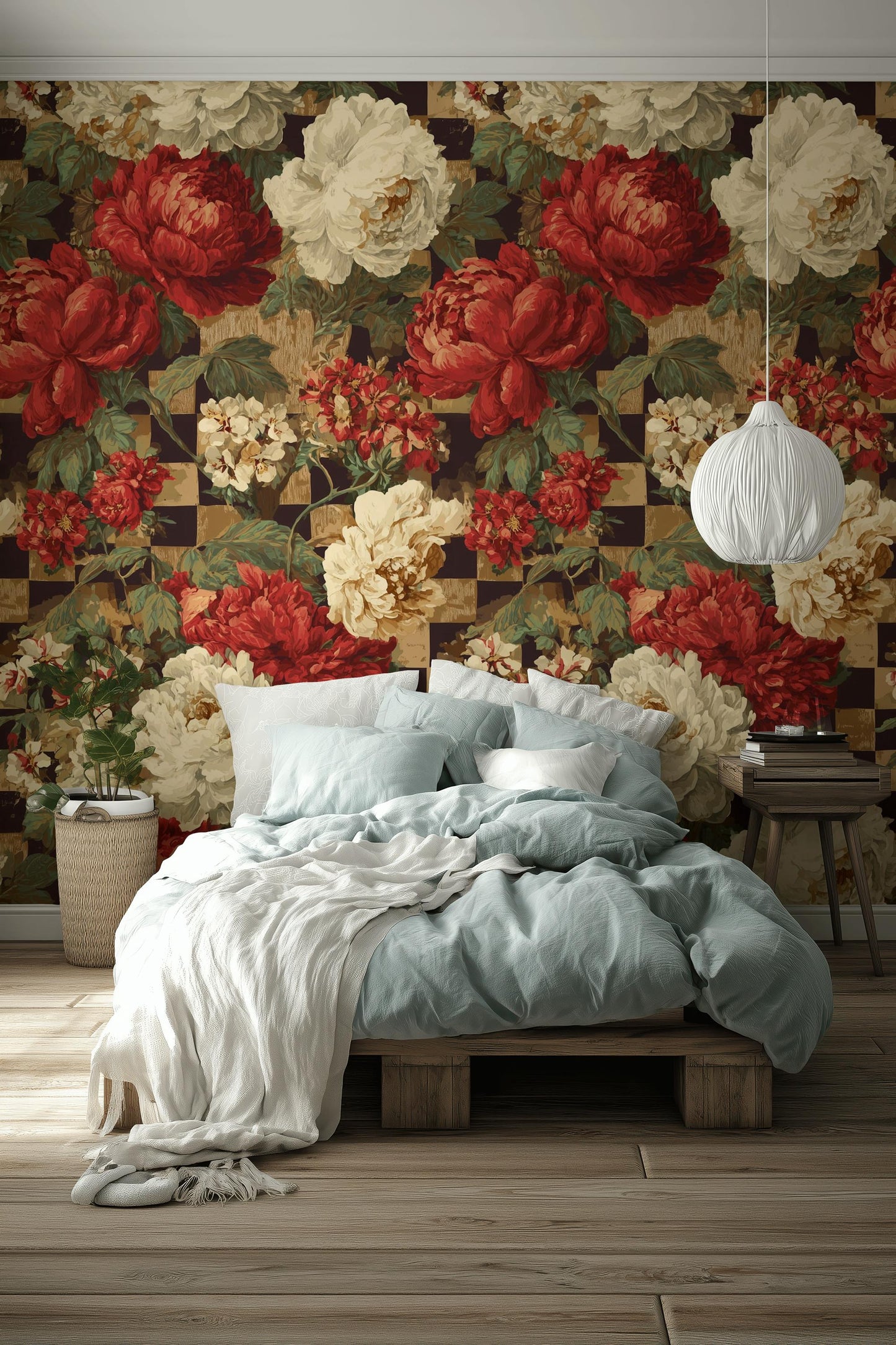 Dark Academia Floral Wallpaper: Vintage Checkered Peel and Stick Mural