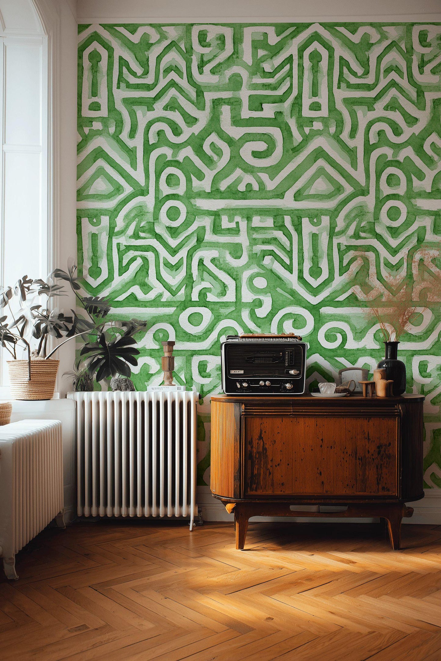 Watercolor Abstract Wallpaper, Green Labyrinth Geometric Wall Mural, Modern Peel and Stick Wall Decor