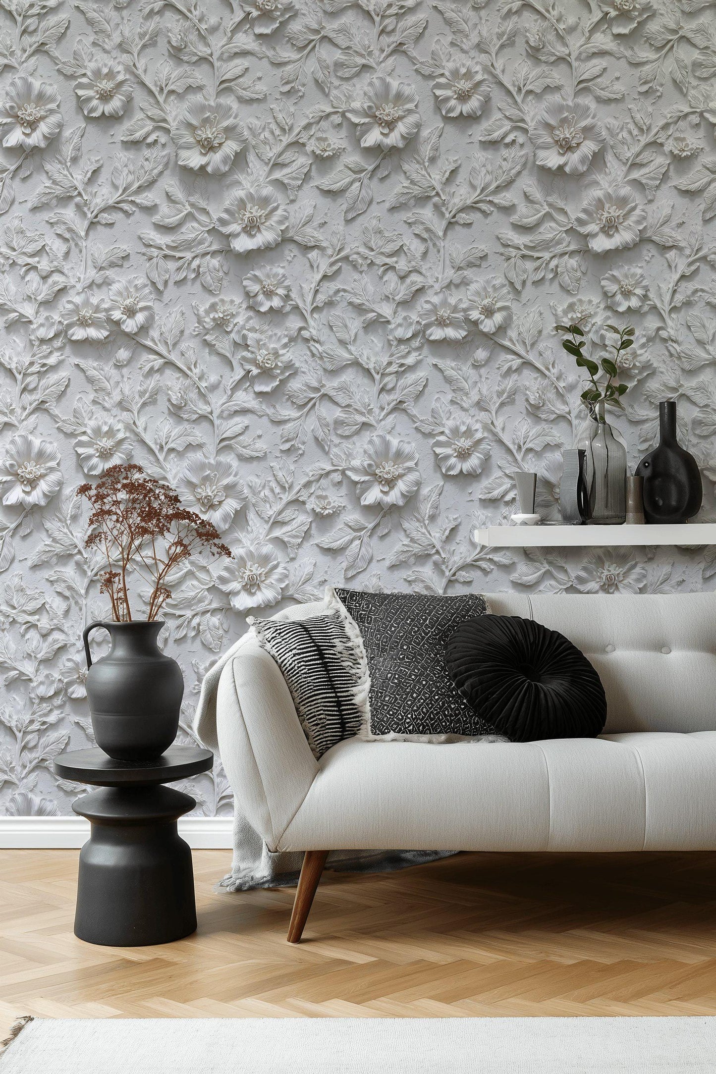 Embossed 3D Floral Wallpaper, White Textured Wall Mural, Peel and Stick Minimalist Decor