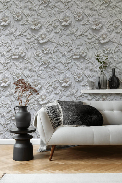 Floral Wallpaper with 3D Effect White Minimalist Wall Mural