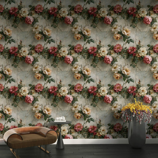 Rose Mural Wallpaper: Shabby Chic Crackle Effect (Peel & Stick)