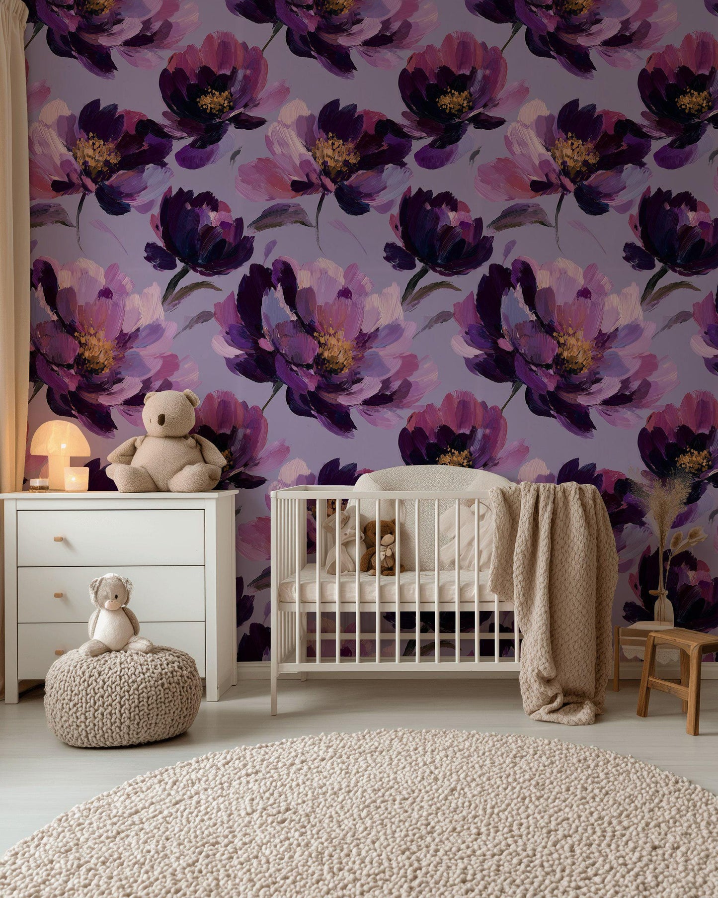 Purple Floral Wallpaper, Abstract Oil Paint Wall Mural, Bold Magenta Peel and Stick Decor