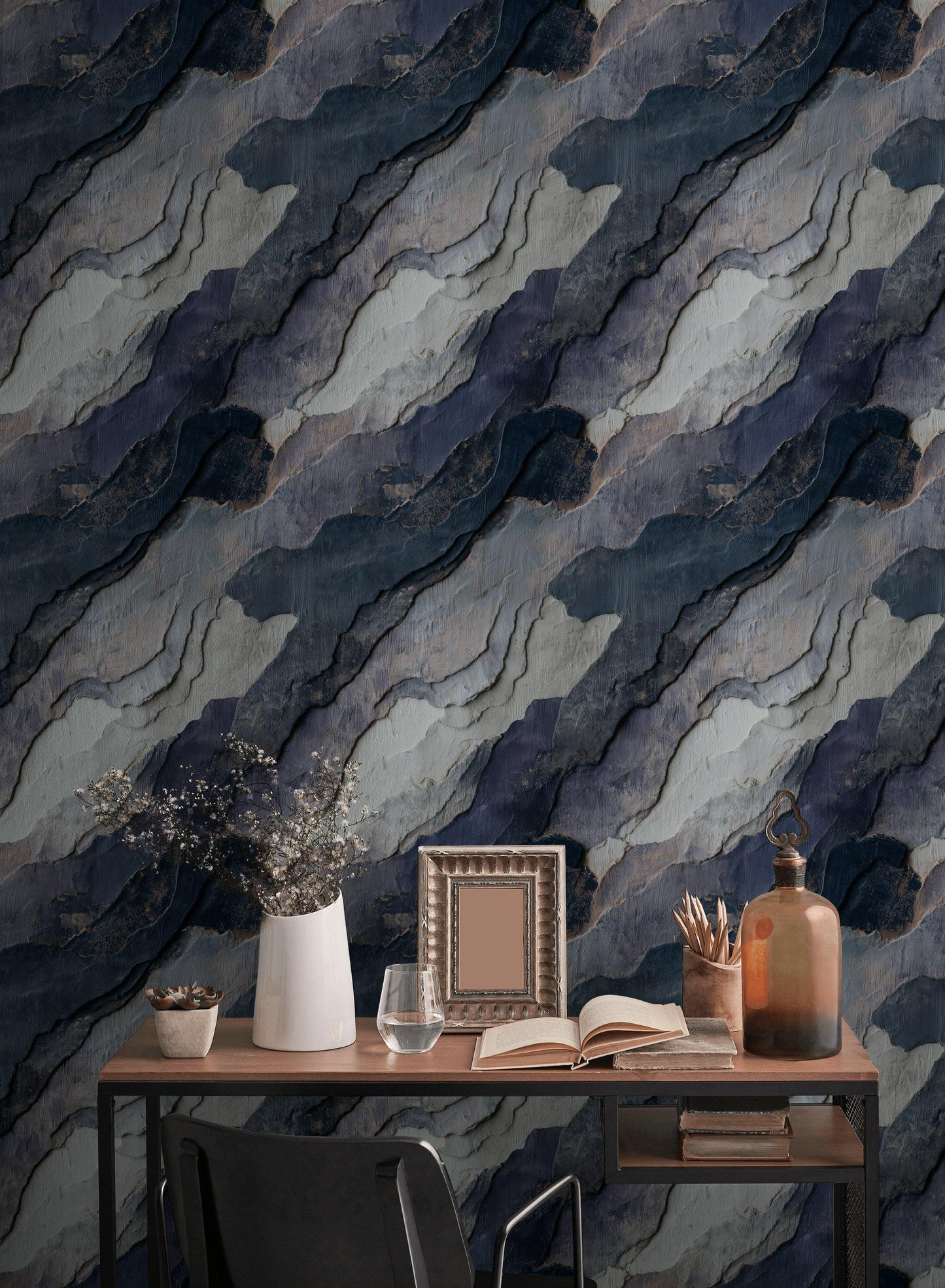 Navy Blue Stone Texture Wallpaper: Layered Abstract Peel and Stick Wall Mural