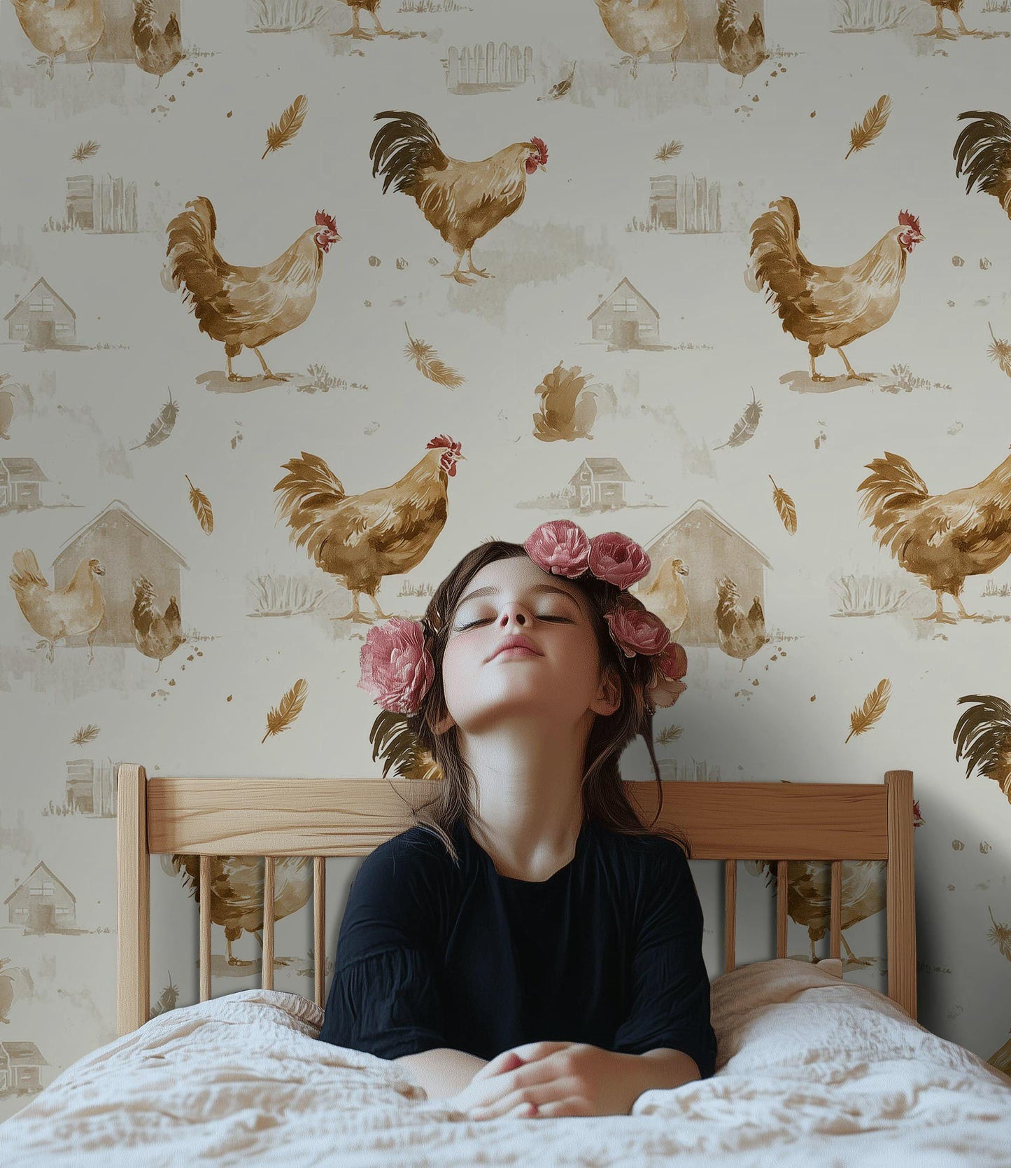 Farmhouse Rooster Chicken Wallpaper | Rustic Country Wall Mural | Watercolor Peel and Stick Decor