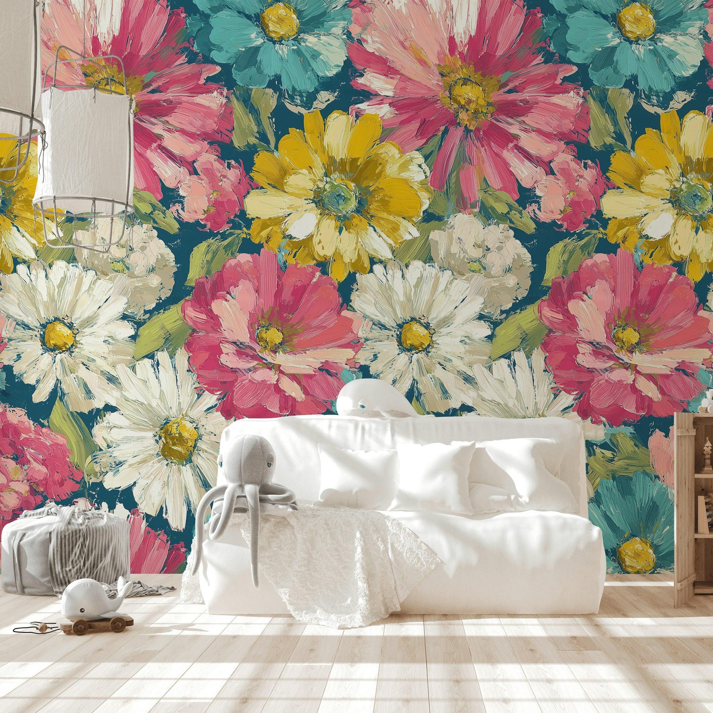 Teal & Pink Floral Wallpaper Mural: Impasto Texture, Peel and Stick