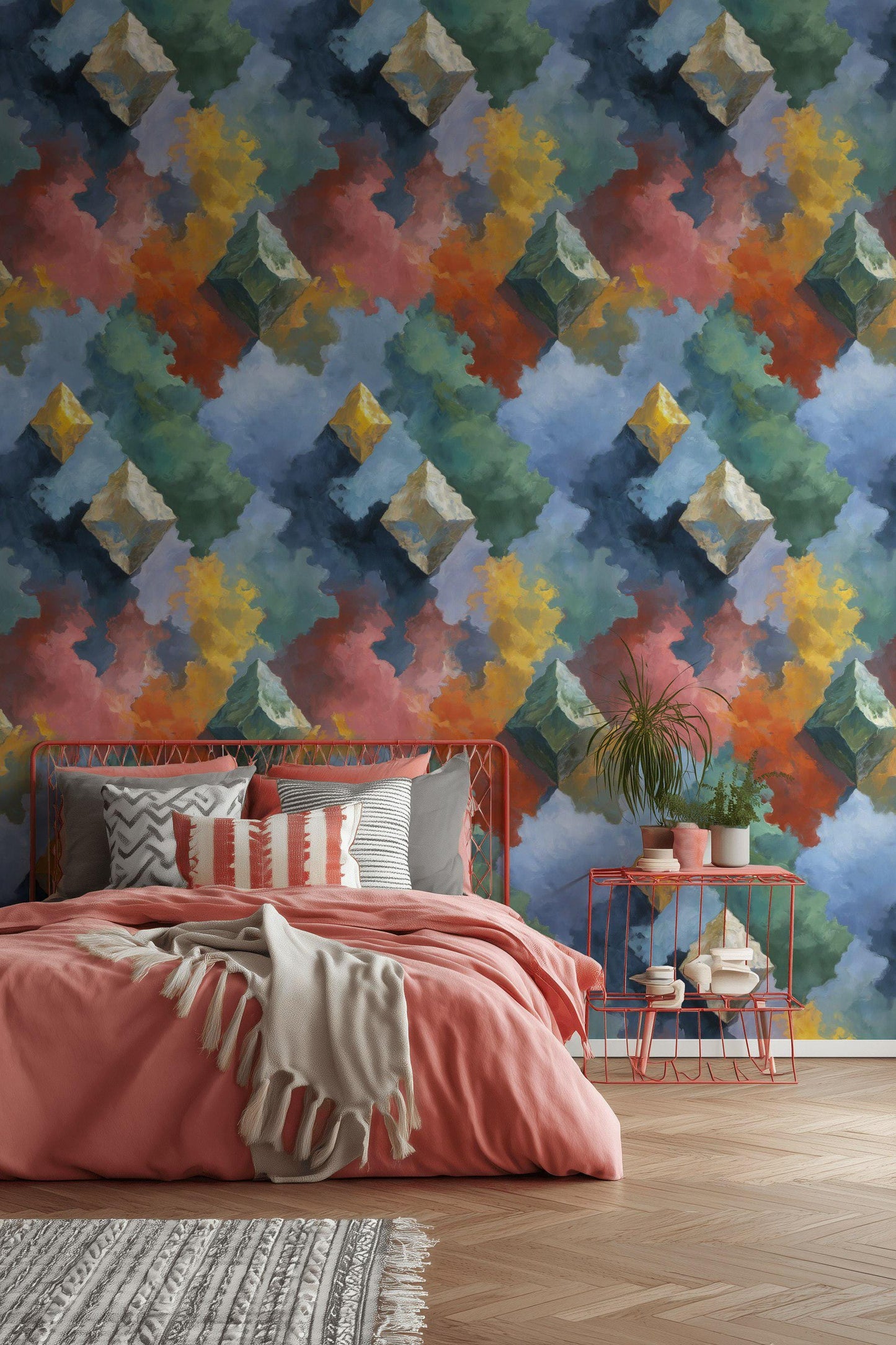 Geometric Cloud Wall Mural: Abstract Peel and Stick Wallpaper