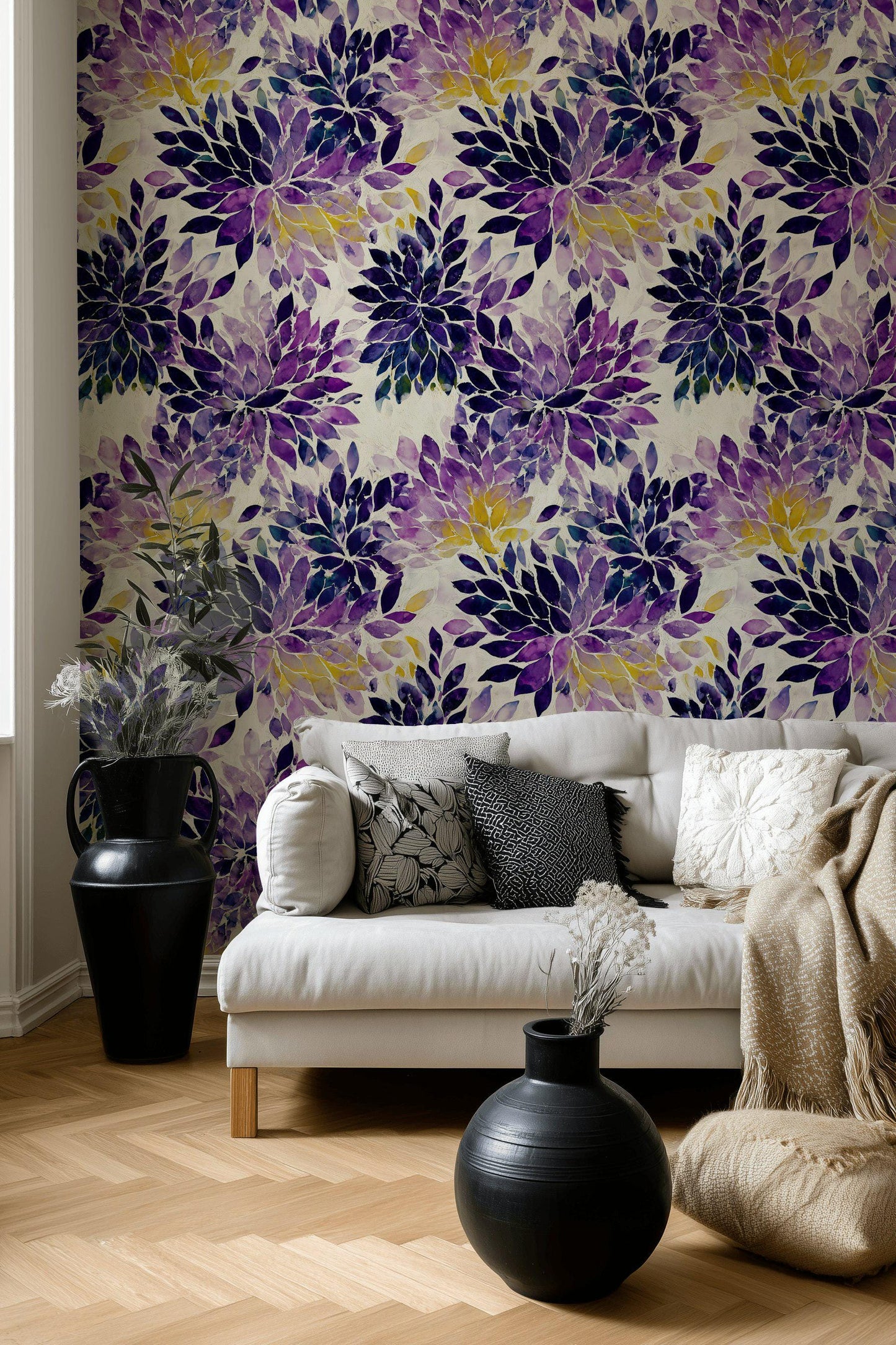 Purple Floral Watercolor Wallpaper: Abstract Peel and Stick Wall Mural