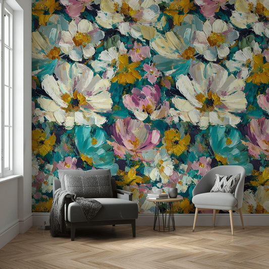 Textured Impasto Floral Wallpaper Mural: Peel and Stick Art Decor