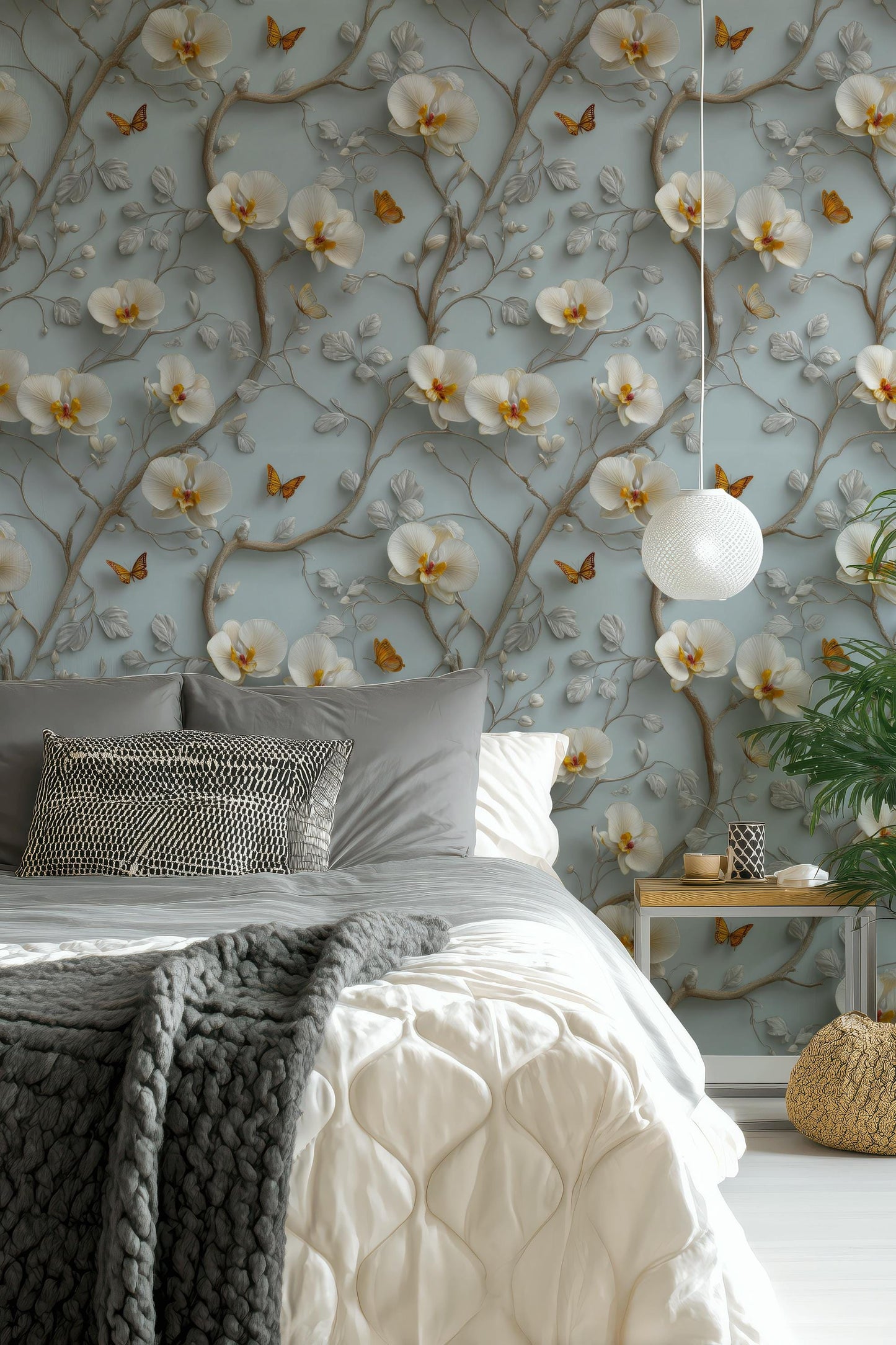3D Orchid Wallpaper: Blue & White Butterfly Wall Mural - Peel and Stick