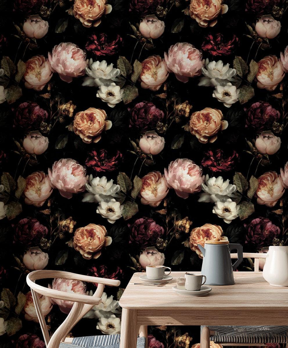 Dark Floral Wallpaper, Gothic Peony Rose Vertical Mural, Black Background Peel & Stick or Unpasted Panel