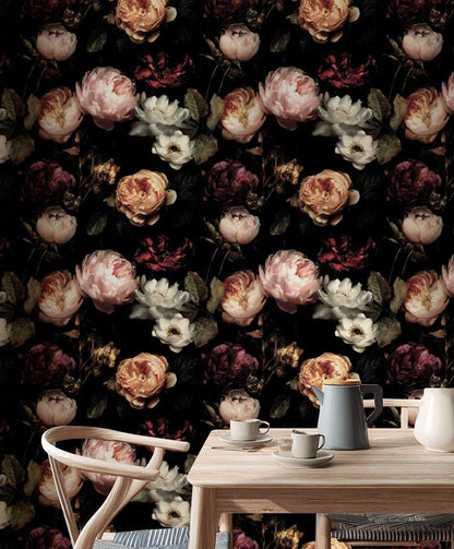 Dark Floral Wallpaper, Gothic Peony Rose Mural, Peel & Stick or Unpasted