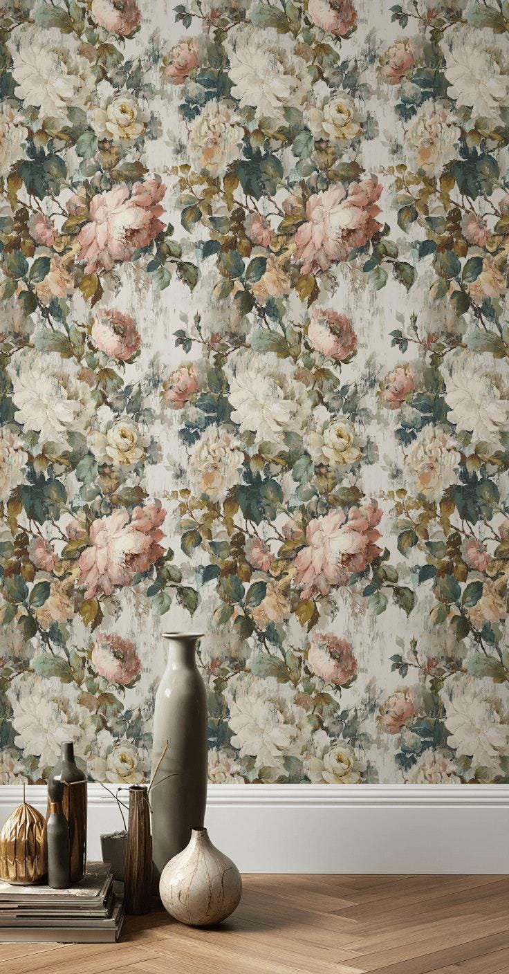 Vintage Floral Rose Wallpaper: Shabby Chic Peel and Stick Wall Mural