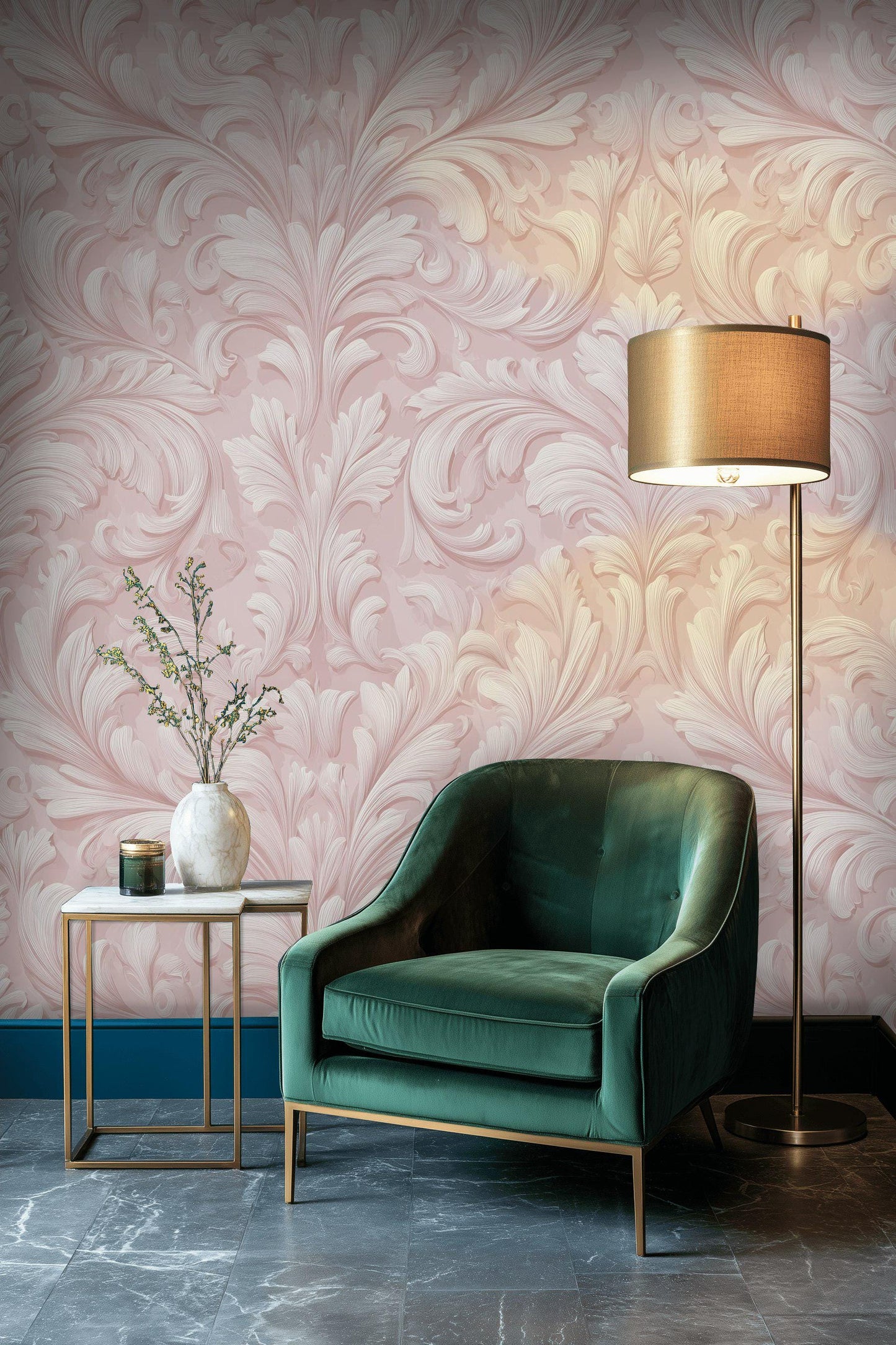 Embossed Damask Wallpaper, Pink Wall Mural, Classic Floral Scroll, Peel and Stick Decor