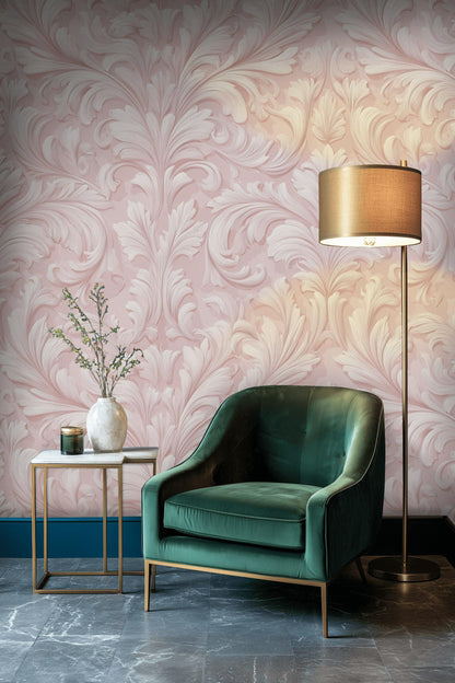 Embossed Damask Wallpaper, Pink Wall Mural, Classic Floral Scroll, Peel and Stick Decor
