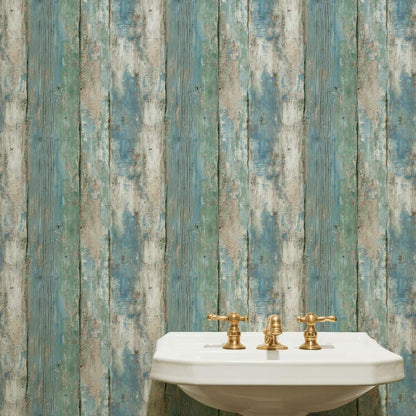 Coastal Blue Wood Plank Wallpaper: Shabby Chic Peel and Stick Mural
